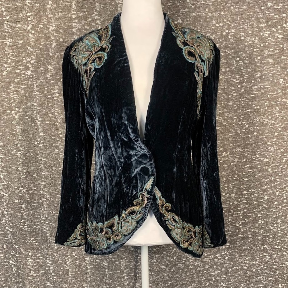 Joolay Anthropologie Blue Velvet Embroidered Beaded Jacket Boho Women's Large